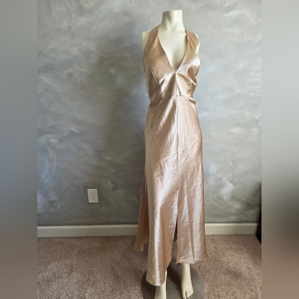 Jenny Yoo Corinne Dress Gown Champagne Color Satin Maxi Halter Neck Crepe Sz 14